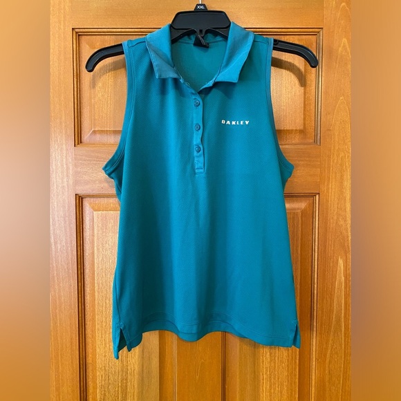 Womens Sleeveless Polo Shirt Oakley Logo Size Medium Golf Teal Button Collared - Picture 1 of 8